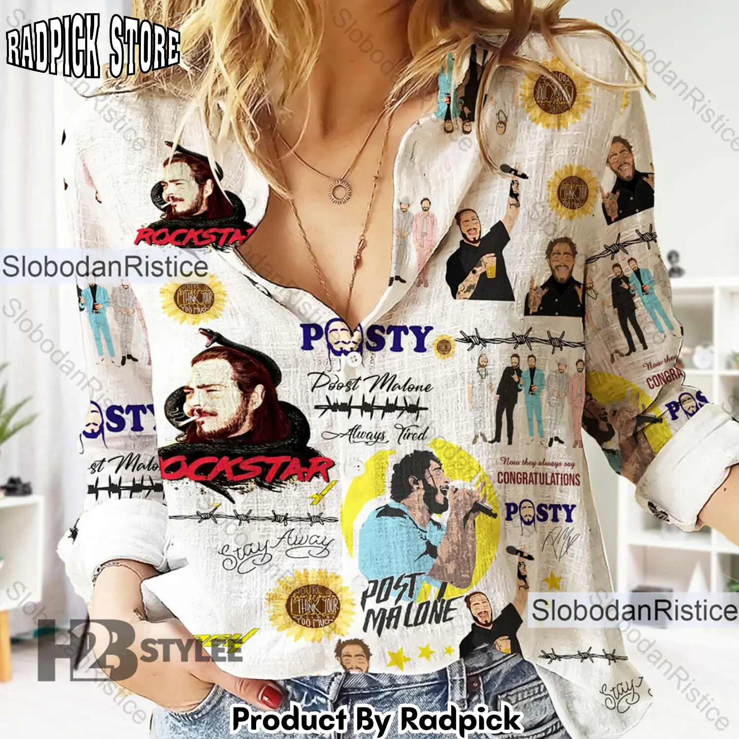 Radpick post malone sunflower retro vintage posty music linen casual shirt rp662422